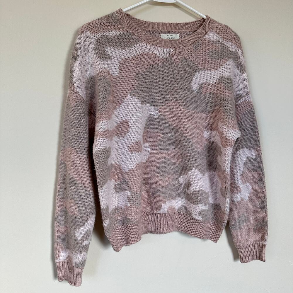 LUCKY BRAND Camo Wool Blend Pullover Sweater Crew Neck Size SMALL Light Pink - Picture 4 of 11